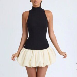 Oh Polly Nabila Modal Turtleneck Drop Waist Bubble Hem Mini Dress in Black